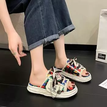 Fashion Women Canvas Slippers Summer Denim Lace Up Flat Designer Slippers Outdoor Casual Shoes Ladies Platform Open Toe Sandals 35 бежевый