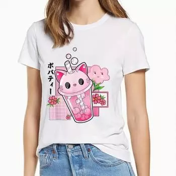 Fashion Women Cartoon Straw Cup Print T Shirt Funny Casual O-neck Short Sleeves T-shirt Summer Female Tee Shirt XS розовый