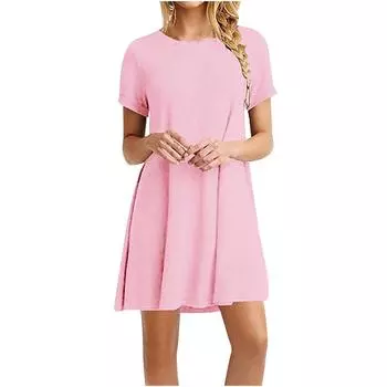 Fashion Women Casual Short Sleeve Solid Ladies Loose Dress XL