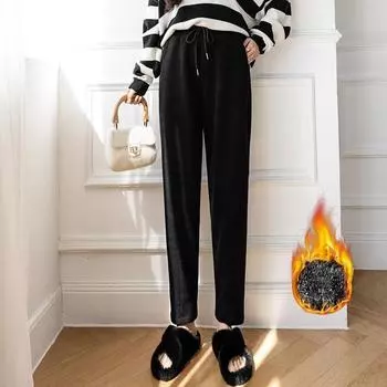 Fashion Women Casual Thicken Harem Pants Autumn Winter Plush Velvet Capris Solid Fleece Chenille Pants Women High Waist Straight Ladies Trousers 2356 S чёрный