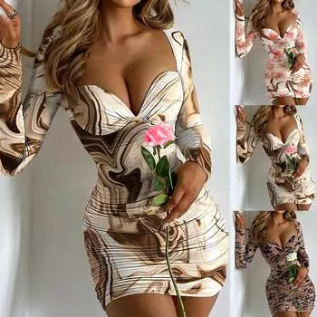 Модное женское повседневное платье с v-образным вырезом и длинными рукавами, короткая юбка L коричневый