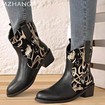 fashion Women Chunky Ankle Snow Boots Print Random Fashion Mid Heels Walking Shoes 2024 Winter New Brand Pumps Dress Chelsea Botas Mujer 35 чёрный
