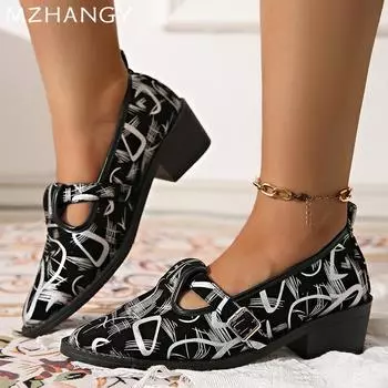 fashion Women Chunky Loafers Shoes Fashion Mid Heels Walking Leather Shoes Woman 2024 Trend Pumps Designer Cozy Dress Zapatillas Female 35 чёрный