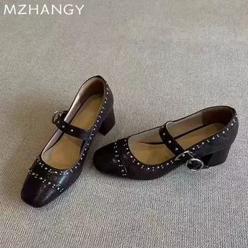 fashion Women Chunky Mary Jane Shoes Leather Shallow Elegant Shoes Woman 2024 Trend Autumn Lolita Shoes Pumps Dress Mujer De Zapatillas 35 бежевый