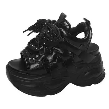 Fashion Women Chunky Platform Sandals Designers New Brand 2024 Summer Beach Casual Shoes Woman Lace Up Wedges 9CM Fashion Sandal Ladies2 34 чёрный