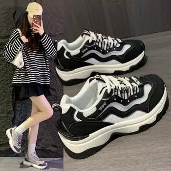 Fashion Women Chunky Sneakers 2024 New Autumn Thick Bottom Platform Ladies Woman Casual Fashion Running Shoe Sneakers Women Trends 2024 35 чёрный