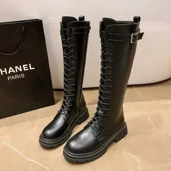 Fashion Women Combat Antumn 2024 Female High Platform Gothic Shoes Black Leather Lace Up Women Knee High Boots 35 чёрный