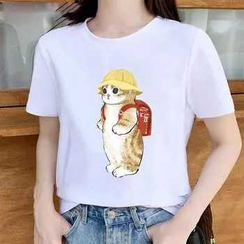 Fashion Women Construction Site Cat Print T Shirt Funny Casual O-neck Short Sleeves T-shirt Summer Female Tee Shirt XS жёлтый