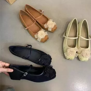 Fashion Women Designer Mary Jane Shoes Female 2024 New Fashion Flower Shallow Slip on Ladies Outdoor Elegant Round Toe Flat Ballet Shoes 35 коричневый