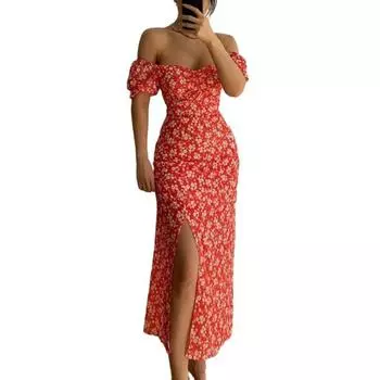 МОДНОЕ женское платье с высокой талией и открытыми плечами, с глубоким вырезом, летнее сексуальное облегающее платье с цветочным принтом и силуэтом макси для леди M красный