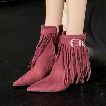 Fashion Women Elegant Ankle Boots Pointed Toe High Heels Fringes Shoes 2024 Trend Stilettos Chelsea Boots Winter New Pumos Mujer Botas 35 коричневый