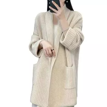 МОДА Женский осенне-зимний кардиган свитер с открытыми стежкам трикотажные карманы отвороты свободный толстый теплый мягкий эластичный длинный рукав плюс размер средней длины женское пальто слоновая кость