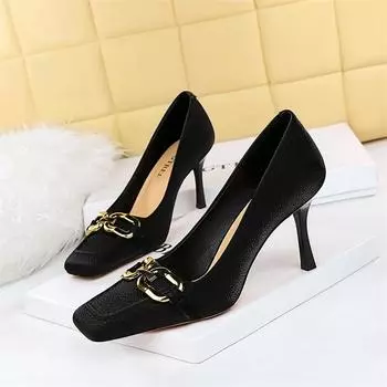 Fashion Women Fashion Basic Square Toe Pump Metal Decoration Shallow Mouth PU Leather Thin High Heels Retro Elegant Single Shoes 34(Foot22cm)