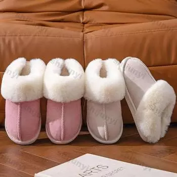 Fashion Women Fashion Fluffy Slippers Couples Winter Thick Sole Plush Warm Cotton Shoes Woman Home Indoor Platform Faux Fur Ankle Boot 36-37 хаки