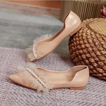 Fashion Women Flat Shoes Fashion Flat Bottomed Pointed Single Shoes Spring/Autumn Soft Soled Lace Beaded Women s Shoes Large Size 41-43 35 абрикосовый