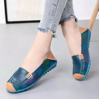 Fashion Women Flat Shoes Spring and Autumn New Fashion Flower Print Women Shoes Genuine Leathe Loafers Moccasins Flats for Women 35-44 35 оранжевый