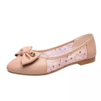 fashion Women Flat Shoes Summer Lace Shallow Woman Pumps Bow-Knot Women s Breathable Sandals Mesh Loafer Shoes Ballet Flats 35 бежевый