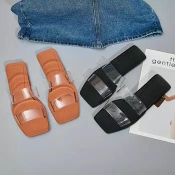 fashion Women Flat Slippers Summer Transparent PVC Belt Casual Women Beach Shoes Home Outer Wear Large Size Slipper Square Toe Slides 36 чёрный