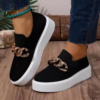 Fashion Women Flat Sneakers Autumn 2024 New Style Fashion Metal Chain Designer Thick Bottom Vulcanized Shoes Casual Shopping Women Shoes 36 чёрный