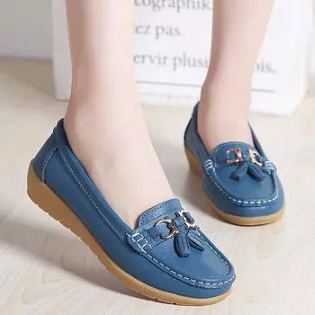 fashion Women Flats Ballet Shoes Summer Genuine Leather Loafers Breathable Moccasins Women Boat Shoes Ballerina Ladies Casual Shoes 35 темно-синий