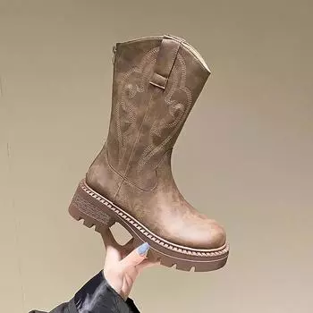 Fashion Women Flats Mid Calf Chelsea Boots Winter Fashion Platform Shoes Designer Trend Dress Goth Boots Cozy Walking Zapatos Mujer 35 коричневый