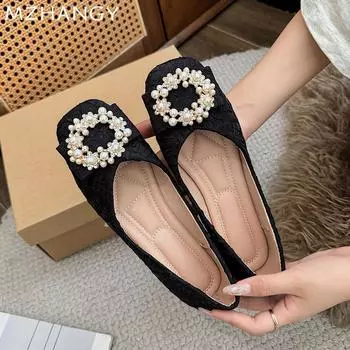 fashion Women Flats Shallow Shoes Pearl Fashion Loafers Shoes Woman 2024 Trend Winter Soft Dress Shoes Classic Cozy Mujer De Zapatillas 35 чёрный