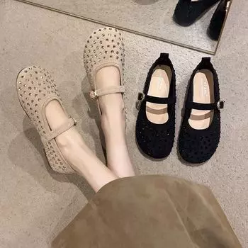 Fashion Women Flats Shoes Kid Suede Leather Ballet Mary Jane Rhinestone Round Toe Casual Party Shoes Heel Woman 34-40 35