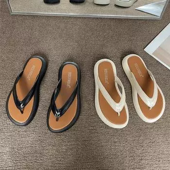 fashion Women Flip Flops Summer New Mixed Color Slippers Outdoor Fashion Flat Shoes Casual Female Beach Platform Slides Black Sandals 35 бежевый