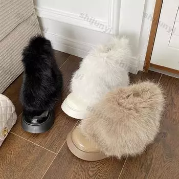 Fashion Women Fluffy Faux Fur Warm Wool Ankle Boots Winter Plush Cotton Padded Shoes Female Thick Soles Waterproof Non Slip Casual Boots 35 чёрный