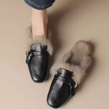 Fashion Women Fur Flats Cotton Slippers Winter Leather Mules Shoes Woman 2025 Trend Fashion Casual Warm Cozy Cotton Slippers Flip Flops 35 чёрный