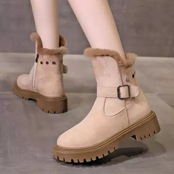 мода Женские Меховые Ботинки на Платформе из Замши Зимний Тренд 2025 Нескользящая Ходьба Массивные Ботинки Модная Обувь Женская 35 чёрный