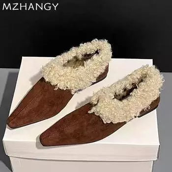 Fashion Women Fur Suede Cotton Shoes Pointed Toe Flats Snow Boots Woman 2025 Trend Short Plush Warm Shoes Fashion Winter New Mujer Botas 35