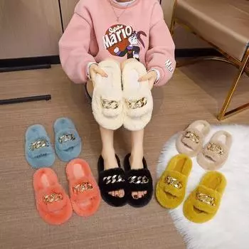 Fashion Women gold chain Fashion Warm Fluffy Slippers Cozy Faux Fur Indoor Floor Slides Flat Soft Furry Ladies Female Flip Flops 35 жёлтый