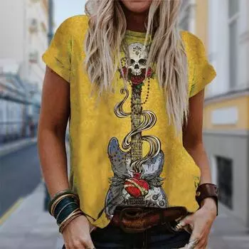 Модная женская футболка с принтом гитары, забавная повседневная футболка с круглым вырезом и короткими рукавами, летняя женская футболка XS синий