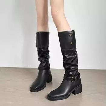 Fashion Women High Boots Designer Shoes Mid Heels Brand Motorcycle Botas Autumn 2024 Fashion Casual Knee High Motorcycle Botas Pumps 35 чёрный