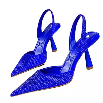 Модные женские босоножки на высоком каблуке 2024 года с острым носком и стразами на низком каблуке с ремешками на спине, сексуальные туфли-лодочки с блестками, большие размеры 35 чёрный