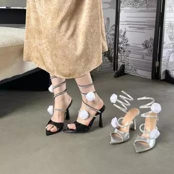 Fashion Women High Heels Flower Ankle Strap Crystals Sandals Open Toe Sexy Party Nightclub Dance Shoes 35