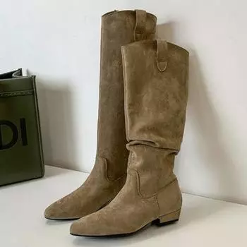 мода Женщины Высокие каблуки Сапоги до колена Замшевые остроносые туфли Зима 2025 Тенденция Дизайнерские туфли Челси Туфли на толстой подошве Новые туфли-лодочки Ботинки Mujer 35 чёрный