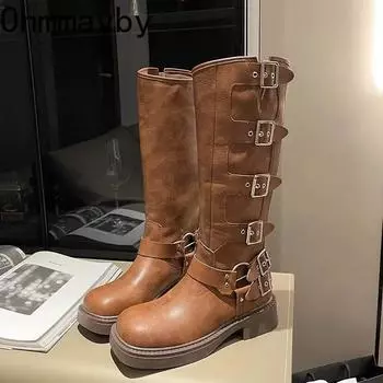 fashion Women High Knight Boots Fashion Belt Buckle Slip On Long Booties Retro Style Autumn Winter Female Elegant Low Heel Shoes 35 коричневый