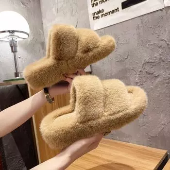 fashion Women Home Platform Fuzzy Slippers 2024 Winter Fashion Fluffy Soft Plush Indoor Ladies Open Toe Slides House Warm Cotton Shoes 35 чёрный