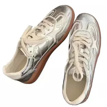Fashion Women Jogging Sneakers Casual Flats Walking Shoes Metallic Silver Lace Up Elastic Tennis Athletic trainers Breathable 35 серебряный