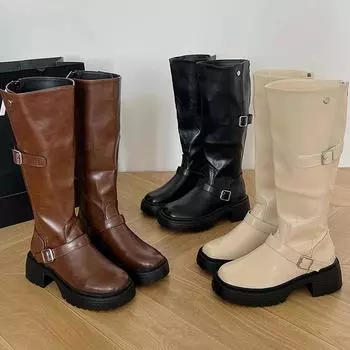 fashion Women Knee High Motorcycle Boots Platform Mid Heels Shoes 2024 Winter Fashion New Walking Goth Boots Trend Dress Mujer Zapatos 35 бежевый