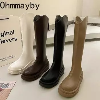 мода Женщины рыцарь высокие сапоги мода сзади молнии большой окружности длинные сапоги платформа каблук осень зима женская обувь 35 хаки