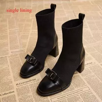 Модные женские вязаные ботильоны с металлическим украшением, утягивающие короткие ботильоны для женщин, осень-зима, элегантные туфли на толстом каблуке для женщин 35