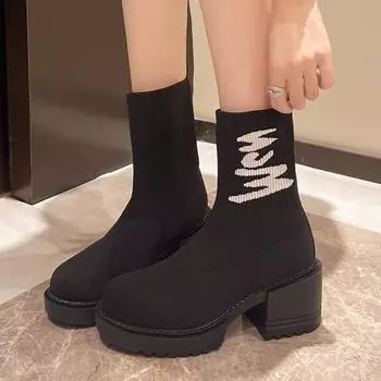мода Женские вязаные туфли на высоком каблуке Ботильоны-носки на платформе Массивные зимние ботинки 2025 Новый тренд Бренд Челси Зимние ботинки Сексуальные плетеные туфли 35 чёрный