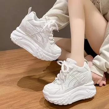 Fashion Women Leather Chunky Sneakers New Autumn Hidden Heels Casual Sport Dad Shoes 10CM Thick Sole Platform Breathable Sneaker Woman 34 чёрный