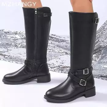 Fashion Women Leather High Boots Fashion Knee High Shoes Woman 2025 Trend Winter Designer New Low Heels Motorcycle Boots Mujer Botas 35 коричневый