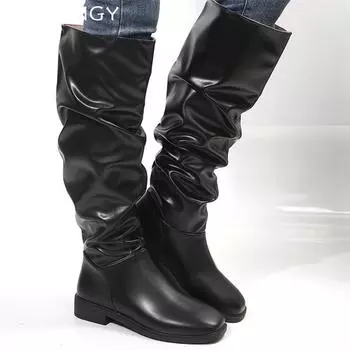 Fashion Women Leather High Boots Flats Knee High Shoes Woman 2025 Trend Winter Designer Dress New Cozy Snow Motorcycle Boots Mujer Botas 35 чёрный