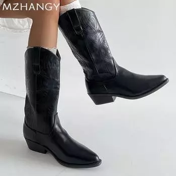 Fashion Women Leather Pointed Toe Motorcycle Boots Mid Calf Mid Heels Shoes Woman 2025 Trend Winter Fashion New Elegant Snow Boots Mujer 35