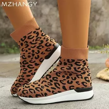 Fashion Women Leopard Sock Ankle Boots Flats Knitting Sneakers Woman Shoes 2025 Trend Winter Casual Fashion New Cozy Sport Shoes Mujer 35 коричневый